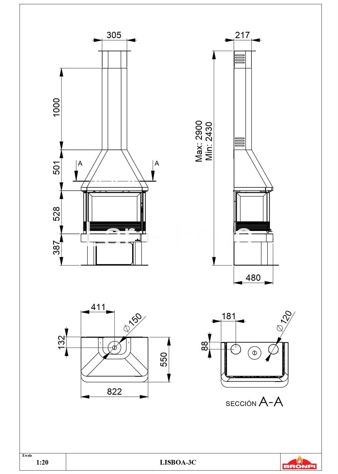 CHIMENEA METÁLICA BRONPI A 3 CARAS CON LEÑERO LISBOA 3C - Imagen 8