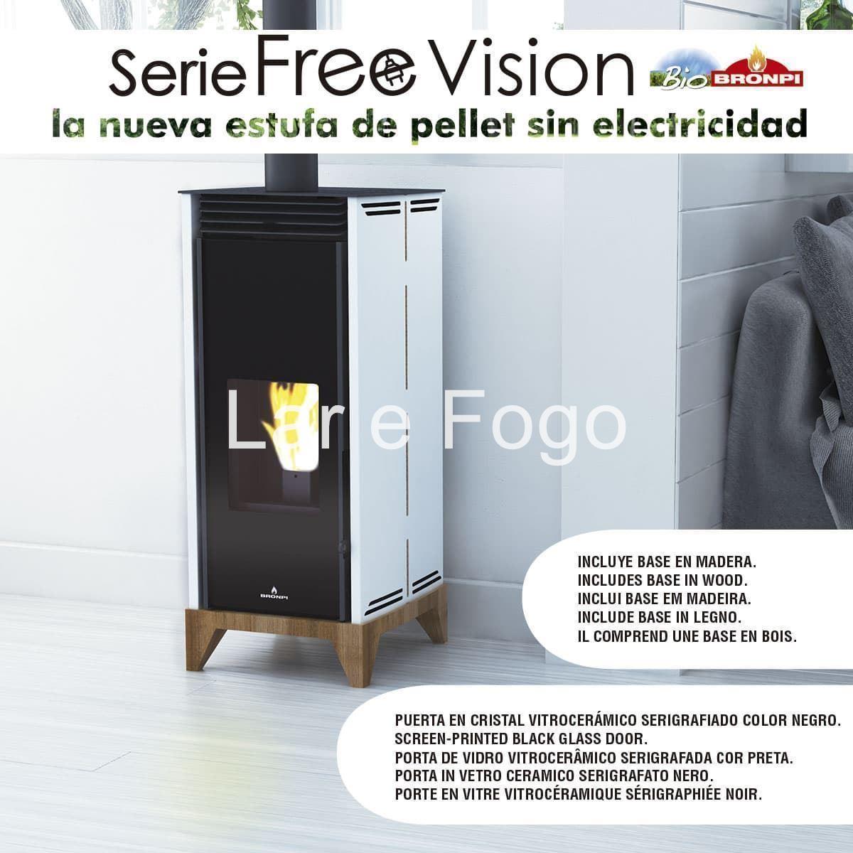 ESTUFA DE PELLET BRONPI SIN ELECTRICIDAD CON BASE DE MADERA FREE VISION - Imagen 1